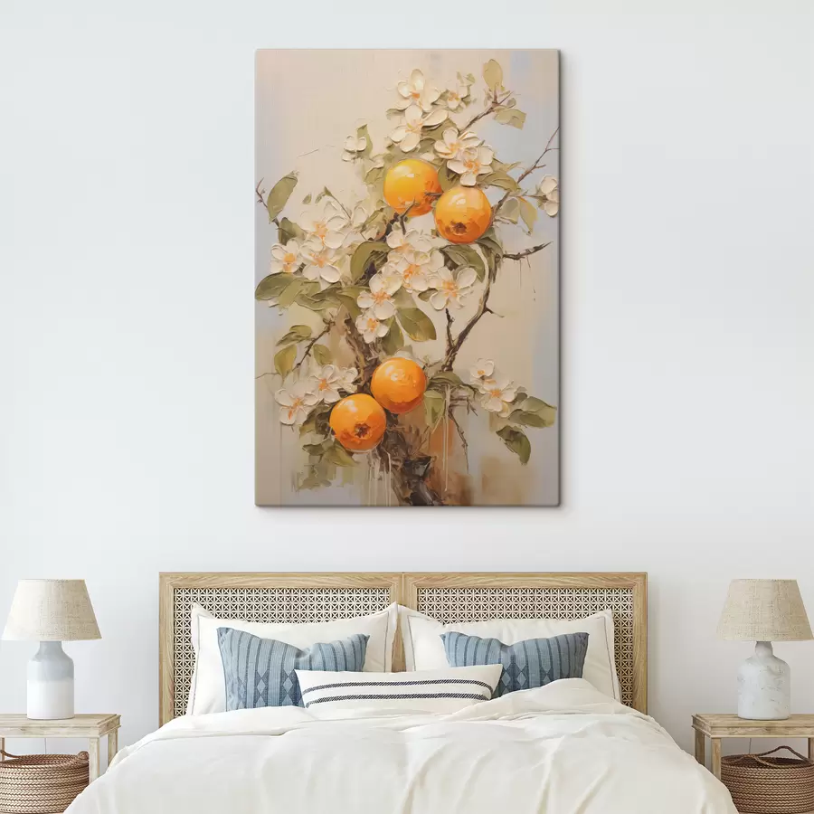  Peintures Branche avec des fleurs blanches et des oranges sur un fond gris-beige s40486