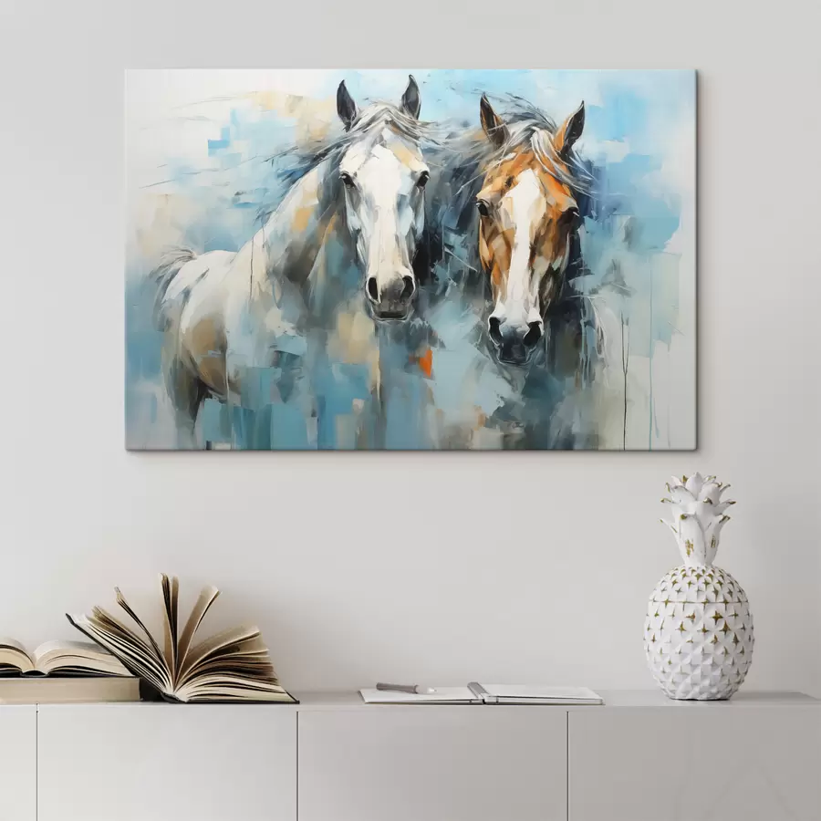  Peintures Peinture abstraite de chevaux, couleur blanche, bleue et marron s40493