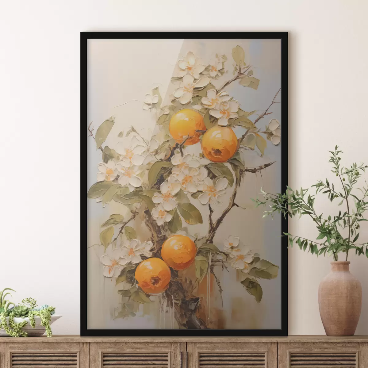 Poster Tak met witte bloemen en sinaasappels op een grijsbeige achtergrond f40486