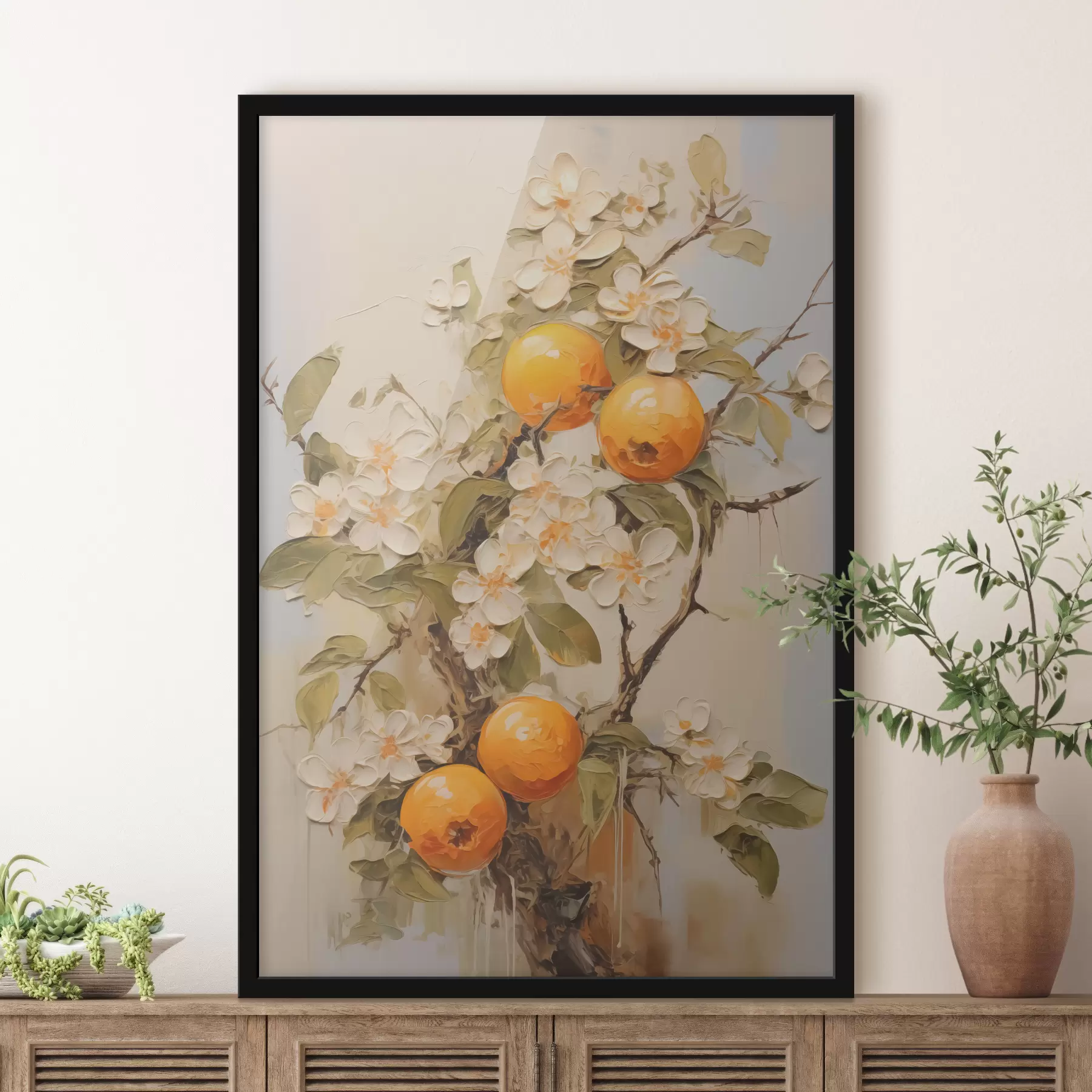 Papier peint photo Branche avec des fleurs blanches et des oranges sur un fond gris-beige f40486