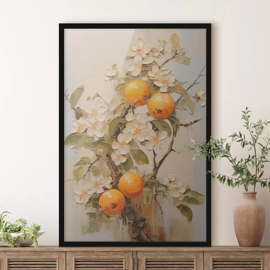  Peintures Branche avec des fleurs blanches et des oranges sur un fond gris-beige f40486