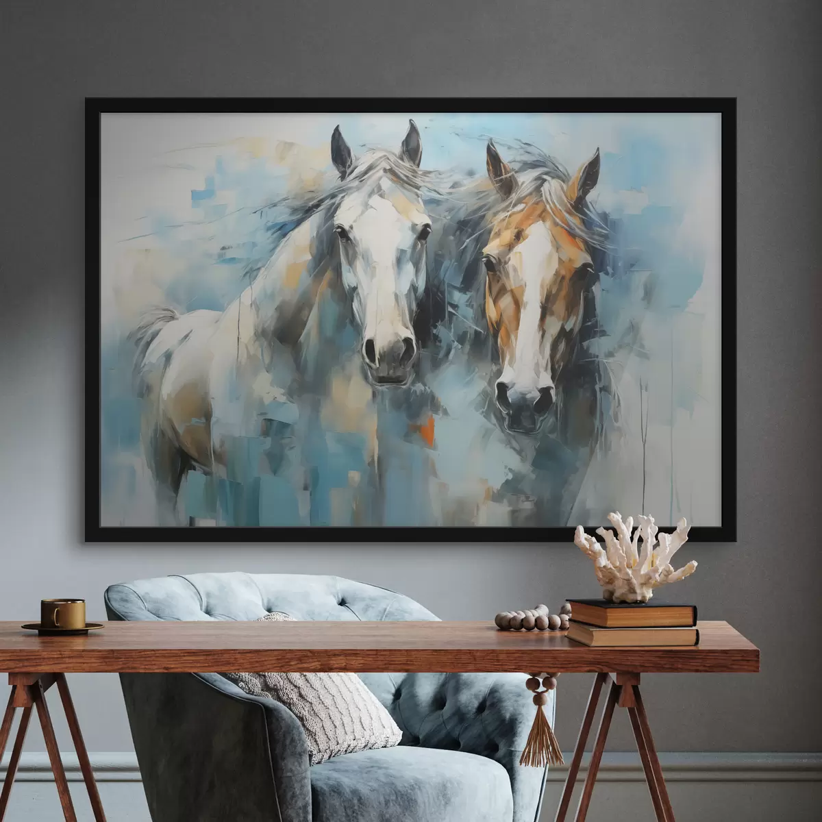 Affiche Peinture abstraite de chevaux, couleur blanche, bleue et marron f40493
