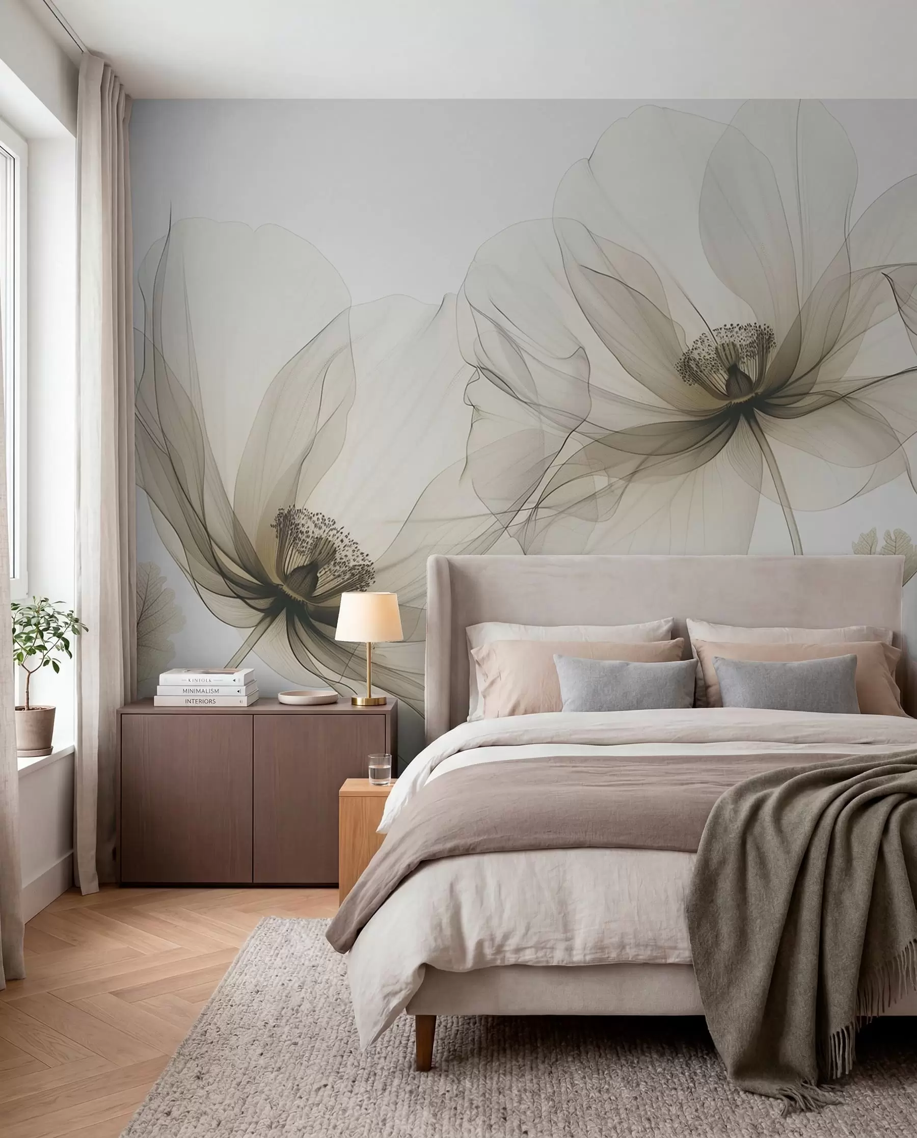 Fotobehang Bruine transparante bloem in röntgenstijl op witte achtergrond Minimalistisch monochroom botanisch ontwerp w01482v2