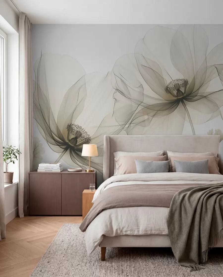 Papier peint photo Fleur transparente marron de style rayons X sur fond blanc Design botanique monochrome minimaliste w01482v2