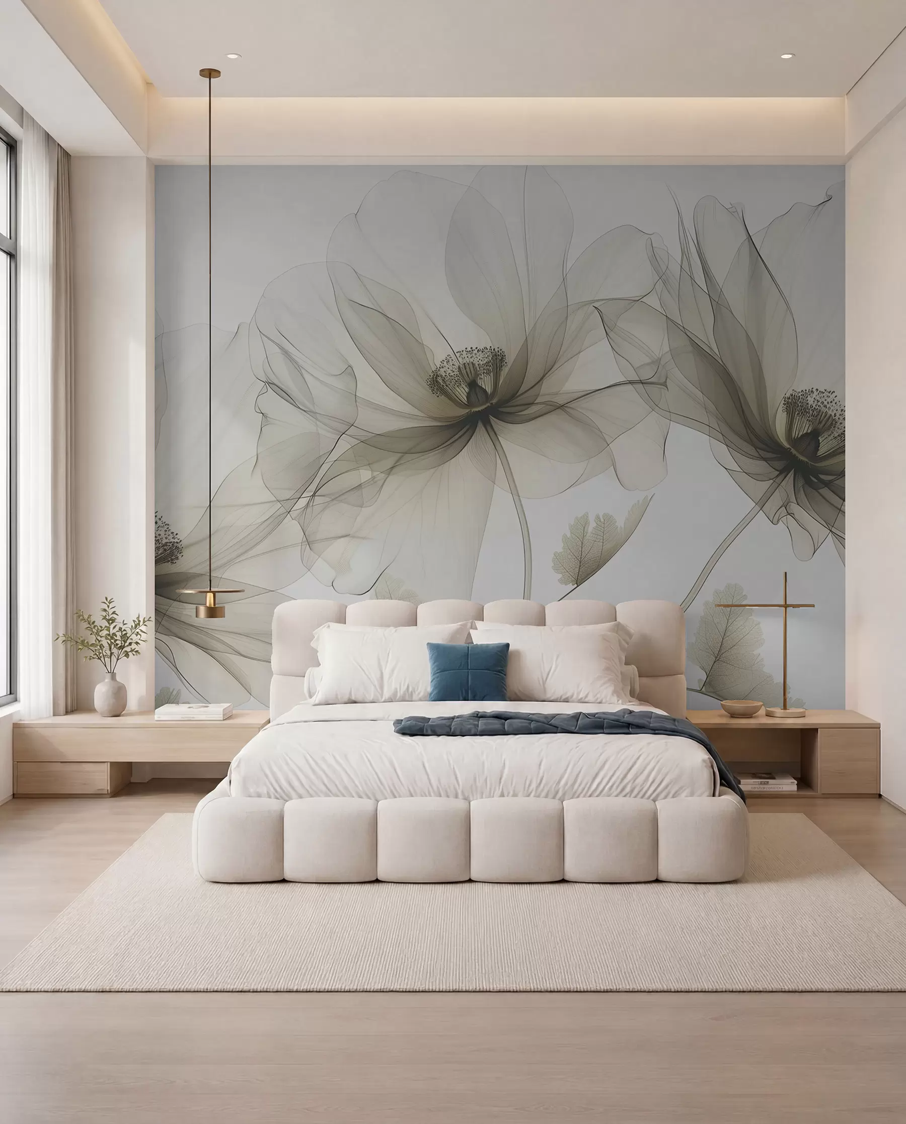 Fotobehang Bruine transparante bloem in röntgenstijl op witte achtergrond Minimalistisch monochroom botanisch ontwerp w01482v2