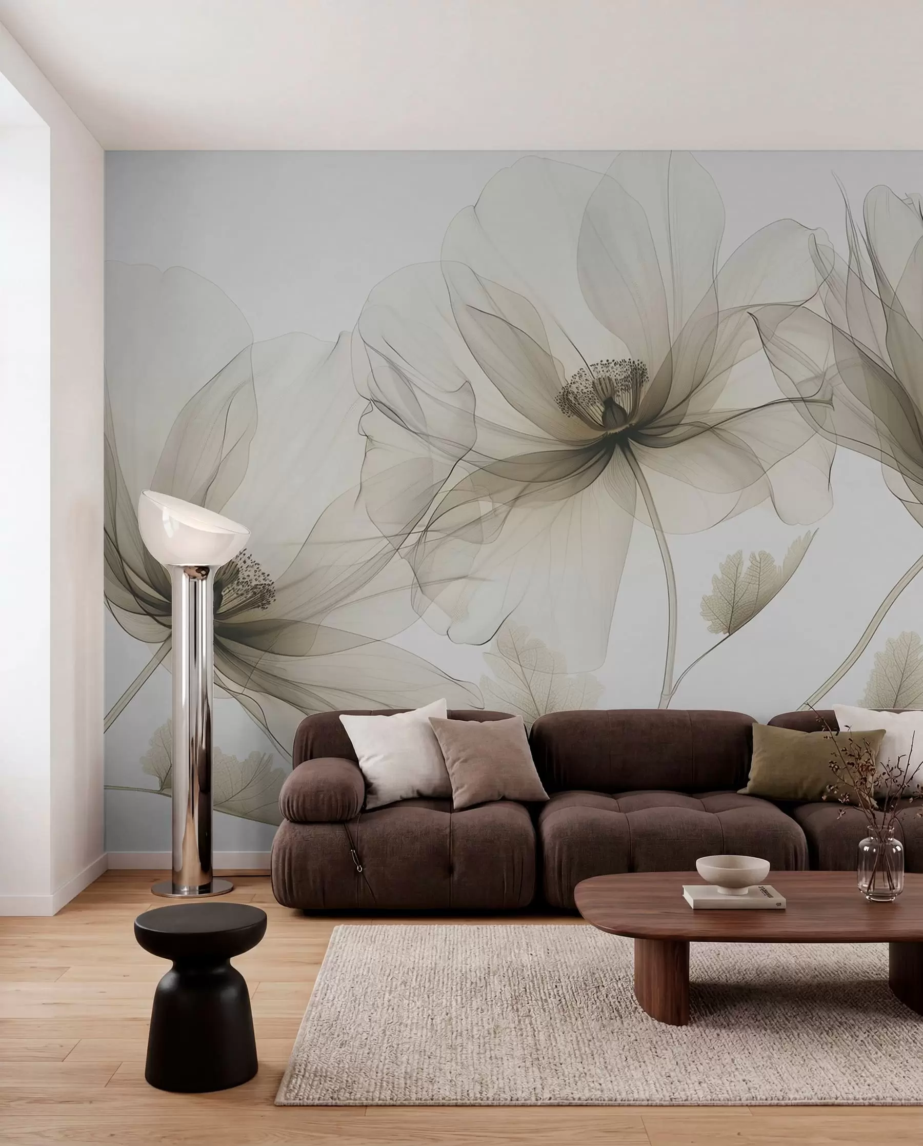 Fotobehang Bruine transparante bloem in röntgenstijl op witte achtergrond Minimalistisch monochroom botanisch ontwerp w01482v2