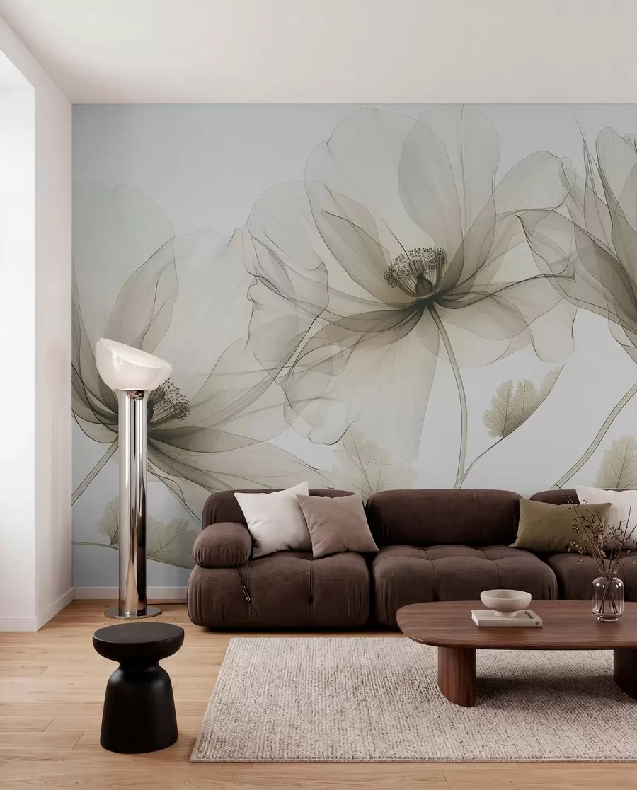 Fotobehang Bruine transparante bloem in röntgenstijl op witte achtergrond Minimalistisch monochroom botanisch ontwerp w01482v2