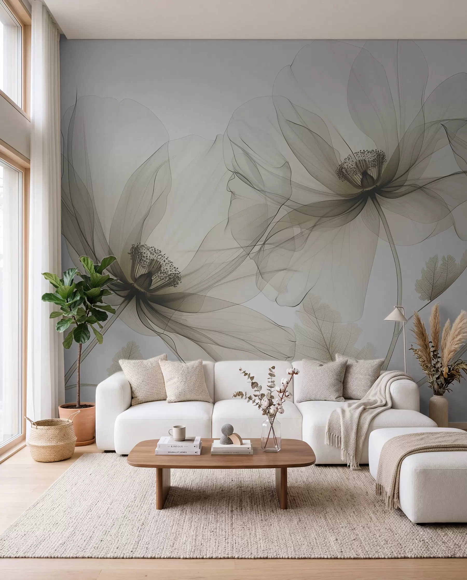 Fotobehang Bruine transparante bloem in röntgenstijl op witte achtergrond Minimalistisch monochroom botanisch ontwerp w01482v2