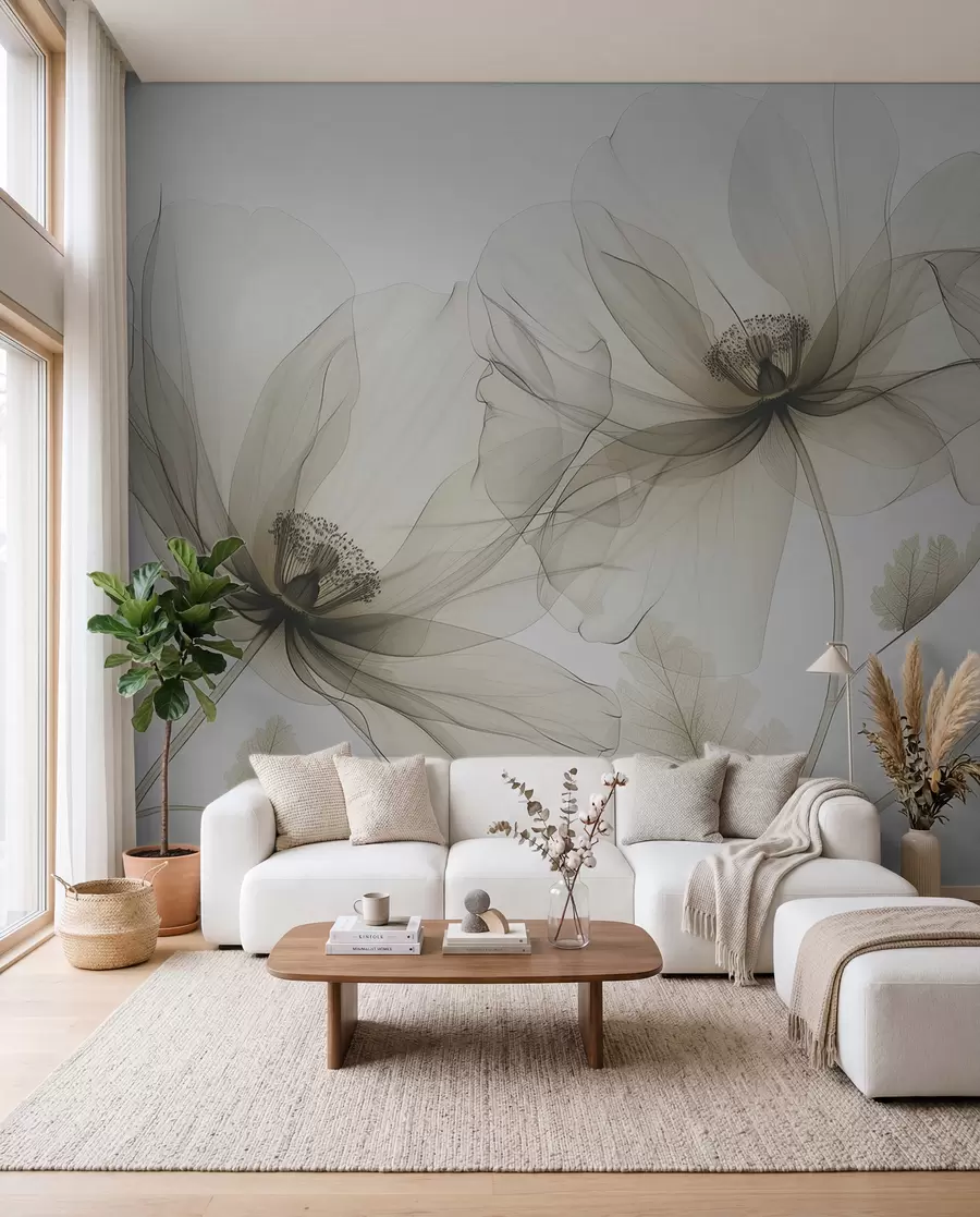 Fotobehang Bruine transparante bloem in röntgenstijl op witte achtergrond Minimalistisch monochroom botanisch ontwerp w01482v2