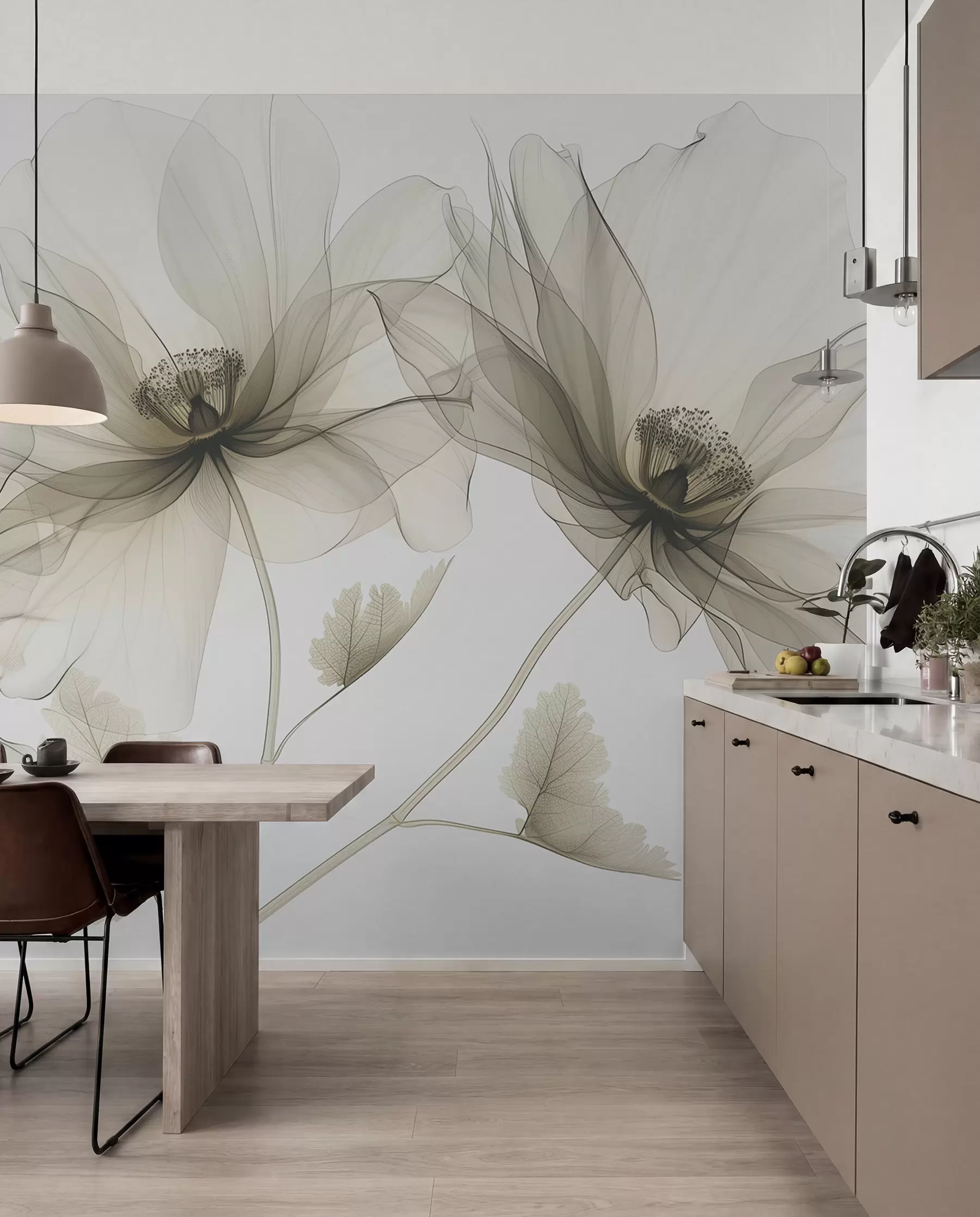 Papier peint photo Fleur transparente marron de style rayons X sur fond blanc Design botanique monochrome minimaliste w01482v2