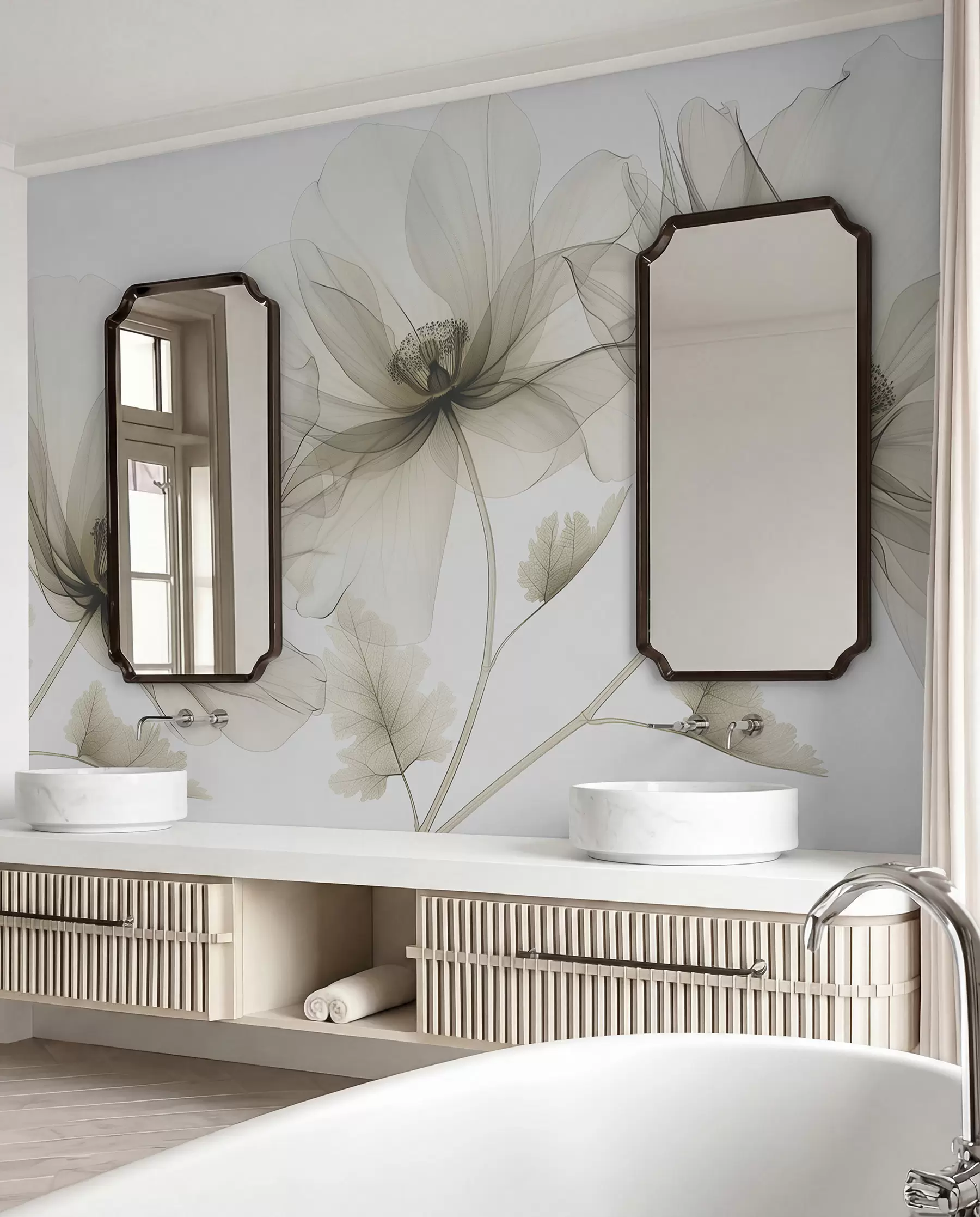 Fotobehang Bruine transparante bloem in röntgenstijl op witte achtergrond Minimalistisch monochroom botanisch ontwerp w01482v2