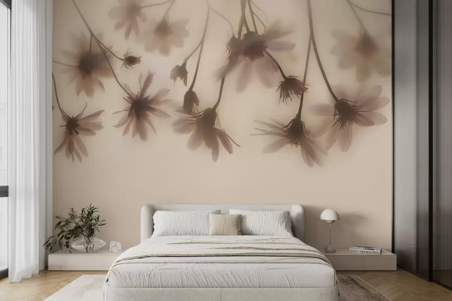 Fotobehang Tedere bloemen in de mist hangend van boven in roze kleuren w01469