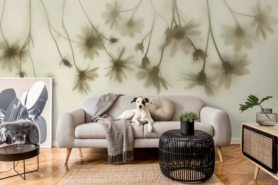 Fotobehang Tedere bloemen in de mist hangend van boven in pastelkleuren w01469v1