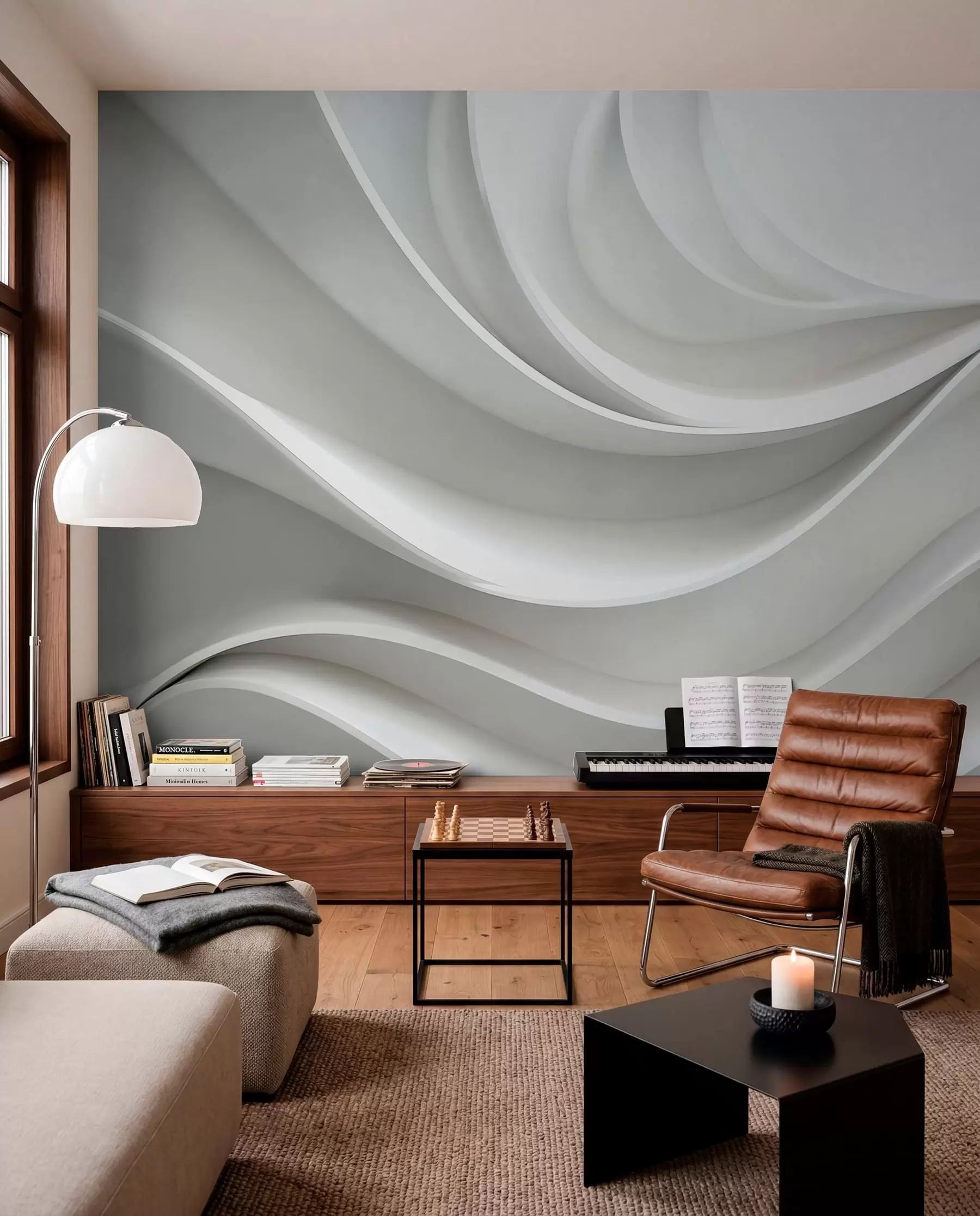 Fotobehang Witte 3D volumetrische abstracte golfvorm w01471