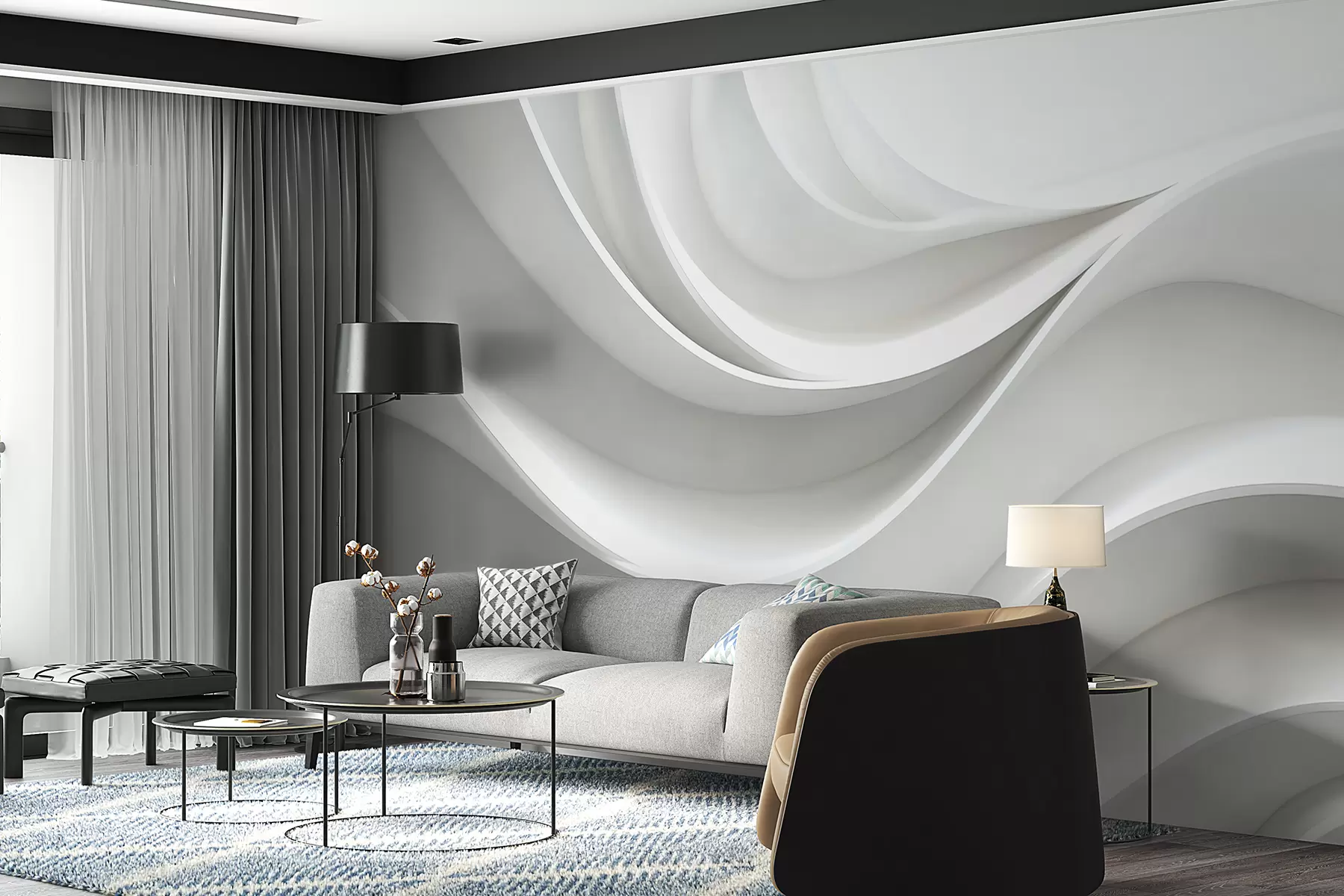 Fotobehang Witte 3D volumetrische abstracte golfvorm w01471