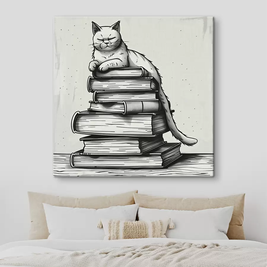  Peintures Chat noir et blanc sur une pile de livres s40435