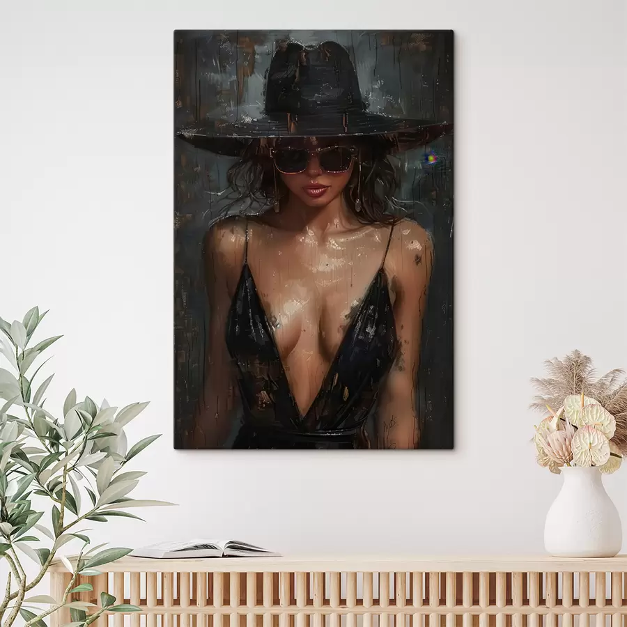  Peintures Fille en robe noire et chapeau noir s40441