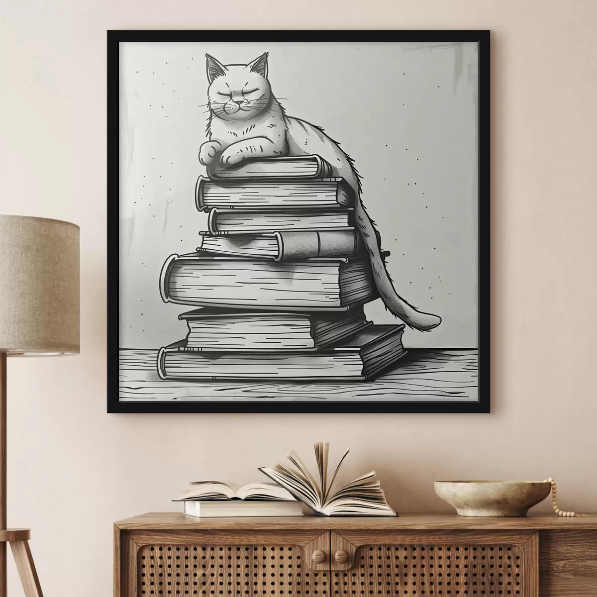 Poster Zwart-witte kat op een stapel boeken f40435