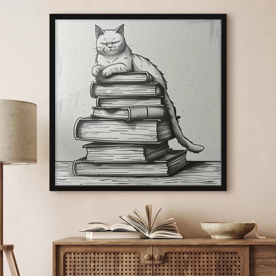 Fotobehang Zwart-witte kat op een stapel boeken f40435