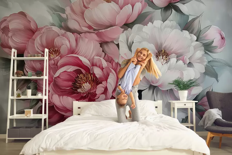 Fotobehang Weelderig geschilderde pioenrozen w01017