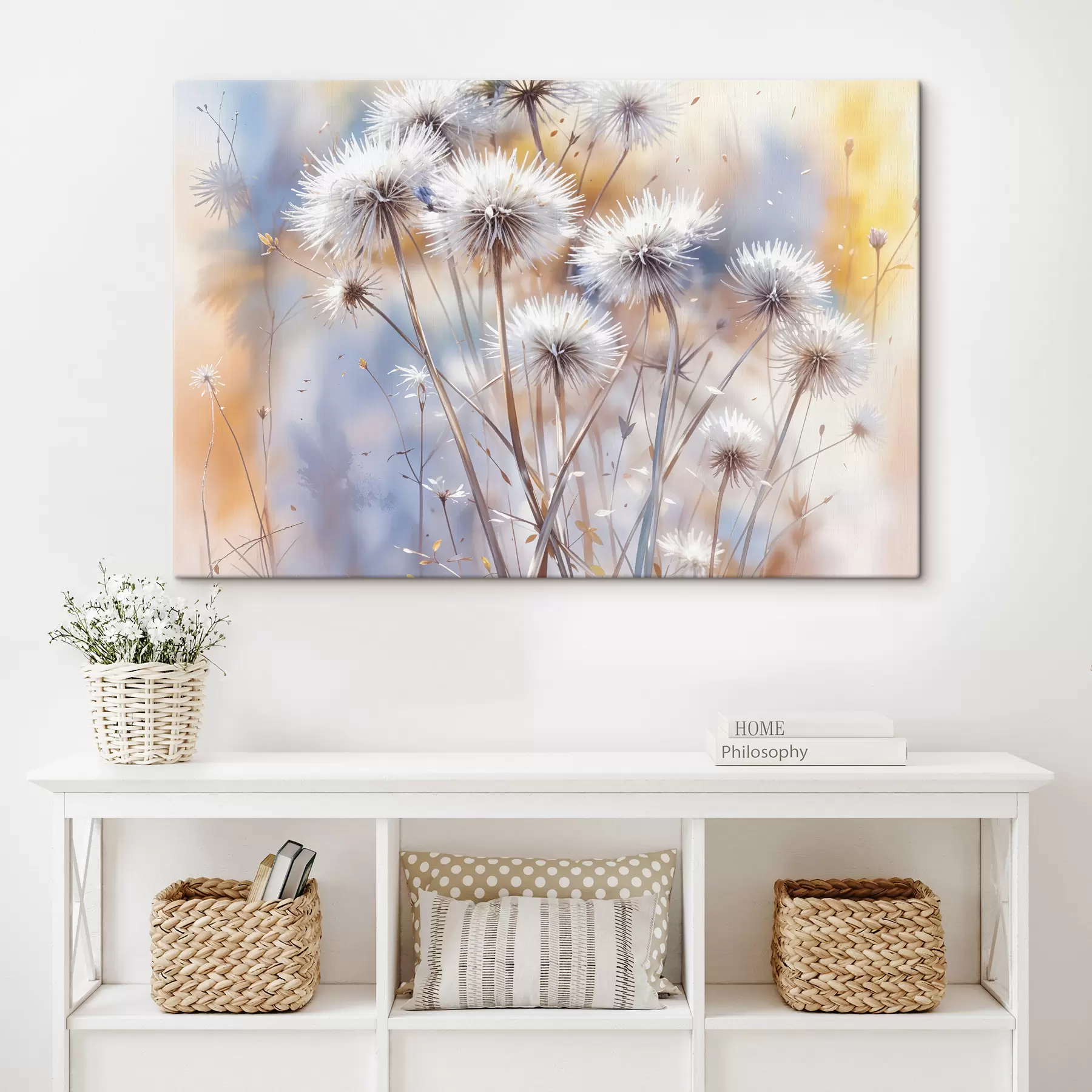 Papier peint photo Fleurs de pissenlit blanches et moelleuses sur un fond aquarelle flou avec un éclairage chaleureux s40541