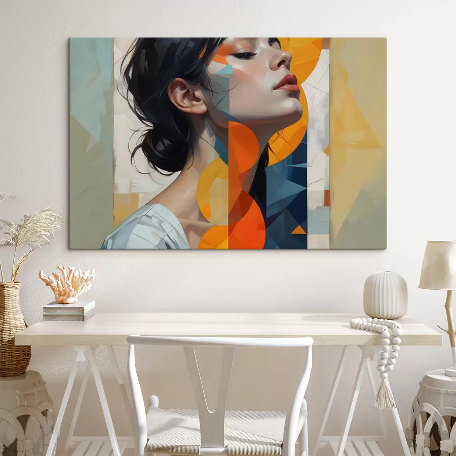  Peintures Peinture abstraite d'une femme aux longs cheveux noirs, portant une chemise blanche avec un imprimé géométrique coloré s40543