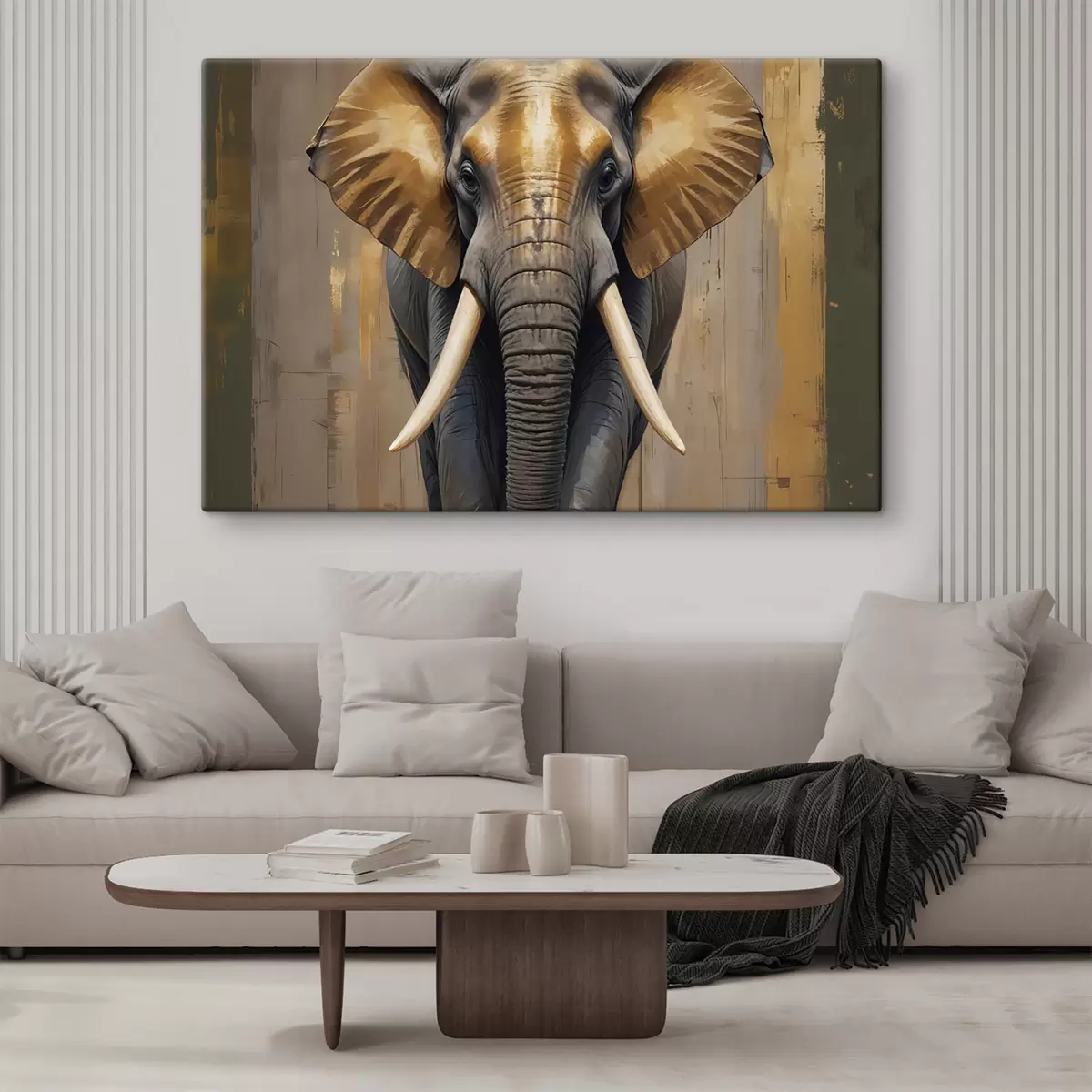 Schilderijen Een groot schilderij van een Afrikaanse olifant met ivoren slagtanden en uitgespreide oren, tegen een houten achtergrond s40544