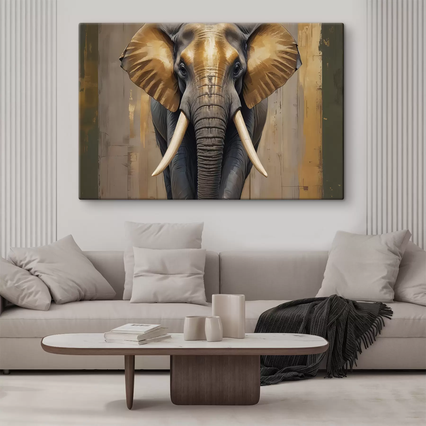 Fotobehang Een groot schilderij van een Afrikaanse olifant met ivoren slagtanden en uitgespreide oren, tegen een houten achtergrond s40544