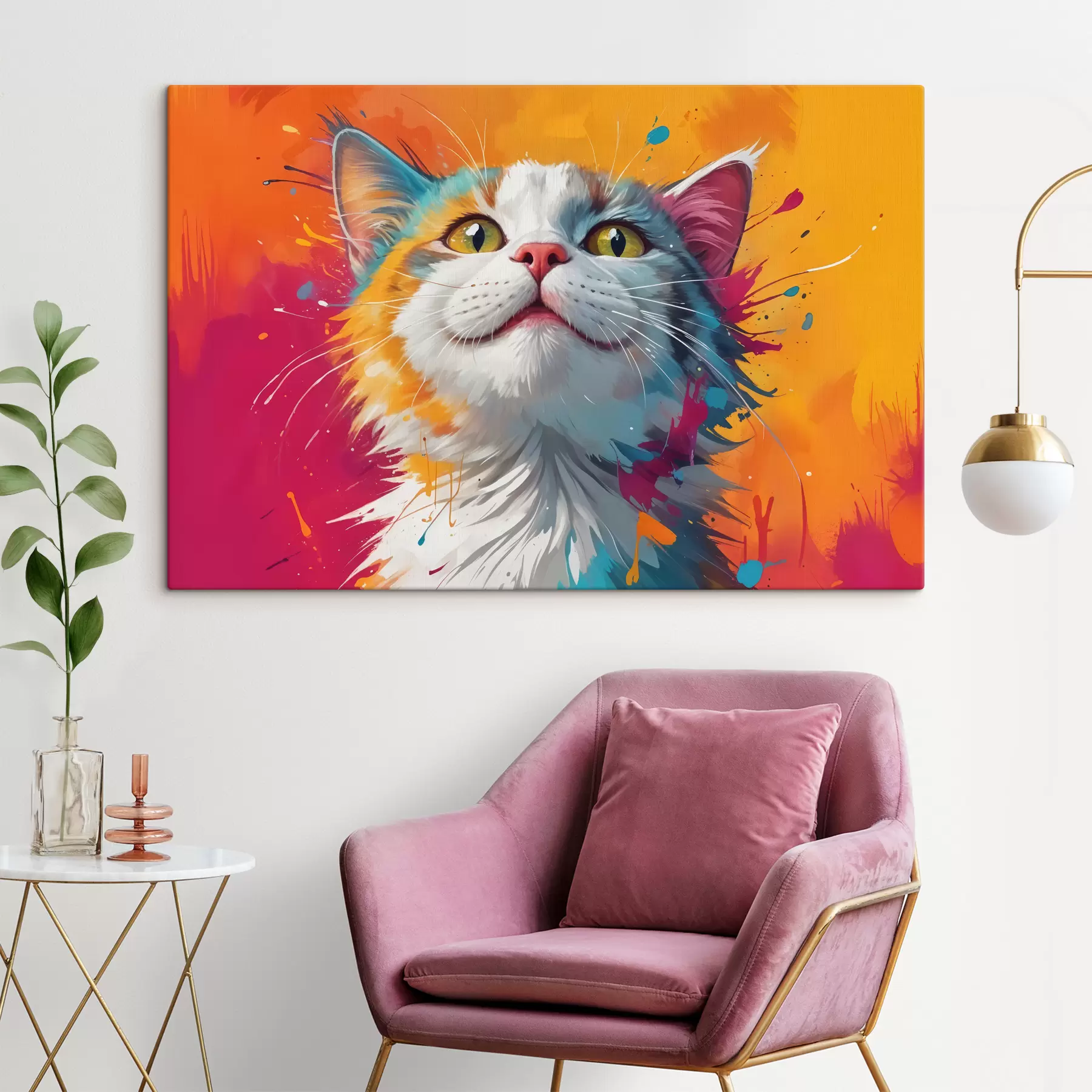 Fotobehang Een close-upportret van een witte en oranje tabby kat met levendige, kleurrijke verfspatten s40547
