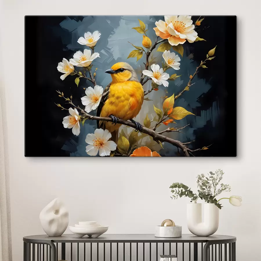  Peintures Un oiseau jaune perché sur une branche avec des fleurs blanches et orange en arrière-plan s40550