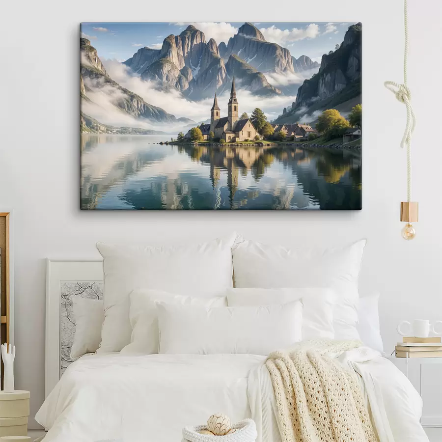  Peintures Un village alpin pittoresque niché au bord d'un lac serein, avec d'imposantes montagnes enneigées s40554