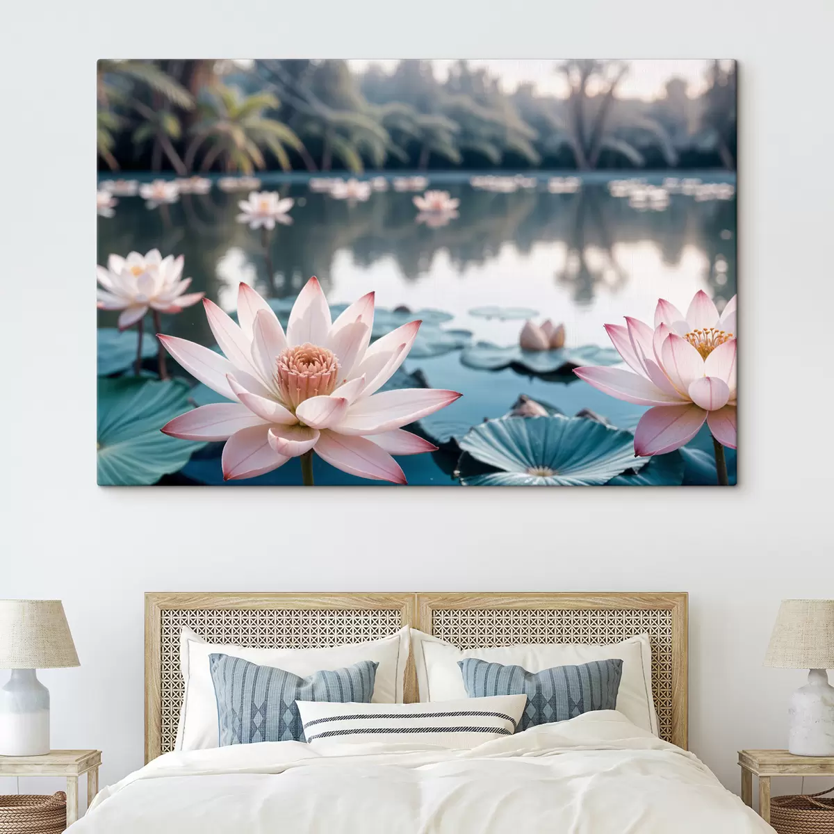  Peintures Un étang avec des fleurs de lotus roses flottant à la surface, entouré de verdure luxuriante et de palmiers s40555