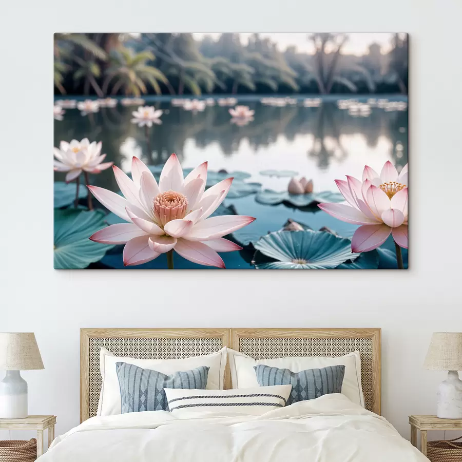 Peintures Un étang avec des fleurs de lotus roses flottant à la surface, entouré de verdure luxuriante et de palmiers s40555