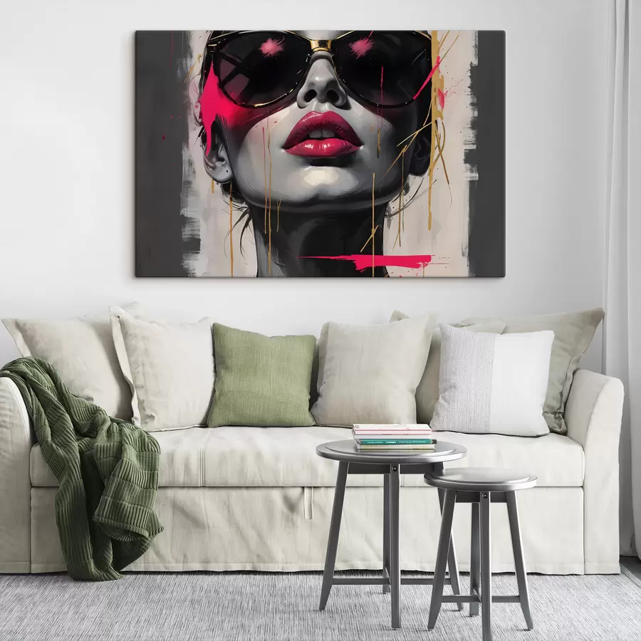  Peintures Portrait abstrait d'une jeune femme portant des lunettes de soleil avec des lèvres roses et des formes abstraites et des touches de rose s40558