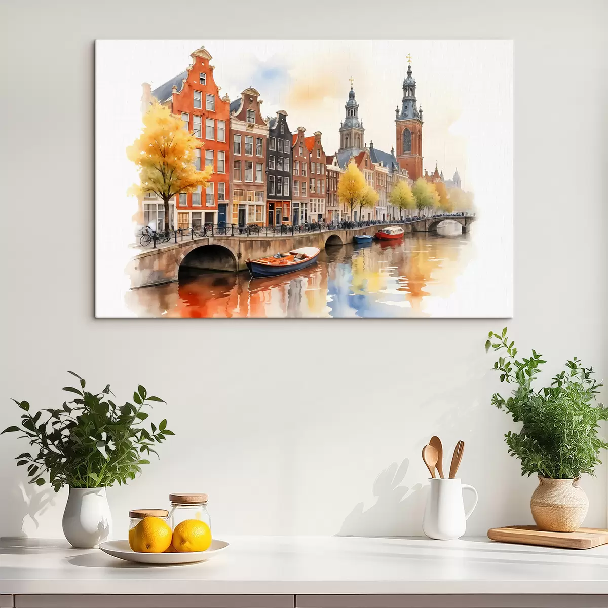  Schilderijen Een kleurrijk aquarel stadsgezicht van Amsterdam met traditionele Nederlandse grachtenpanden en boten op het water s40561