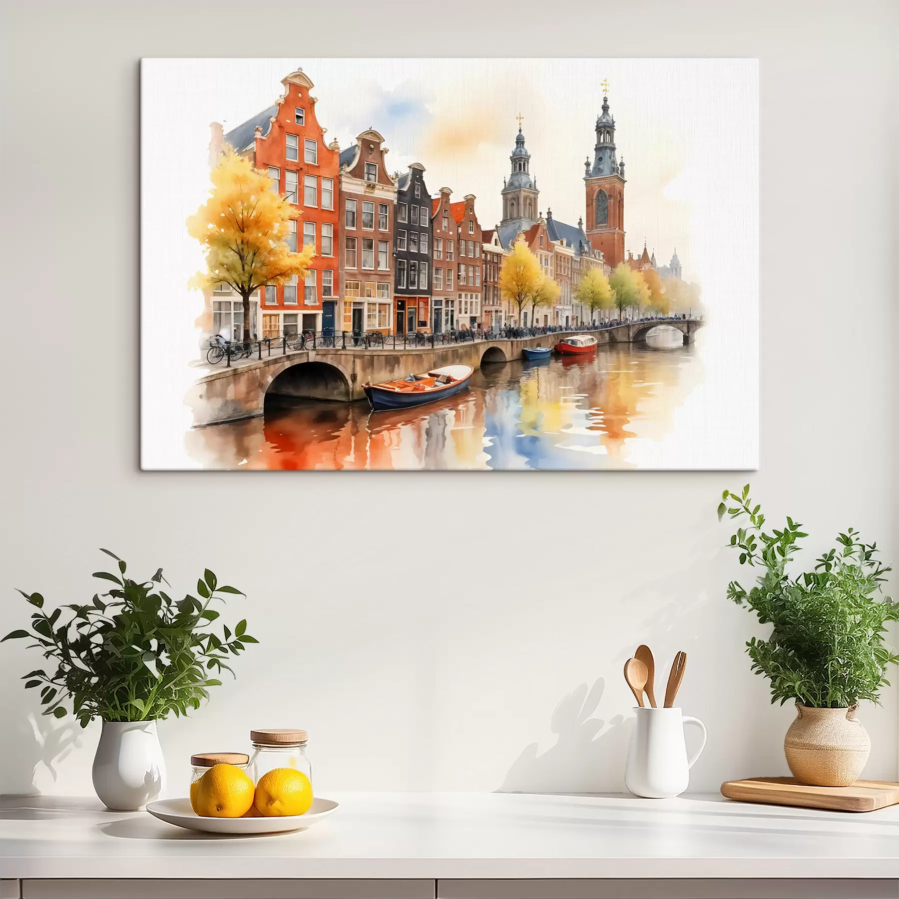 Peintures Un paysage urbain coloré à l'aquarelle d'Amsterdam avec des maisons de canal hollandaises traditionnelles et des bateaux sur l'eau s40561