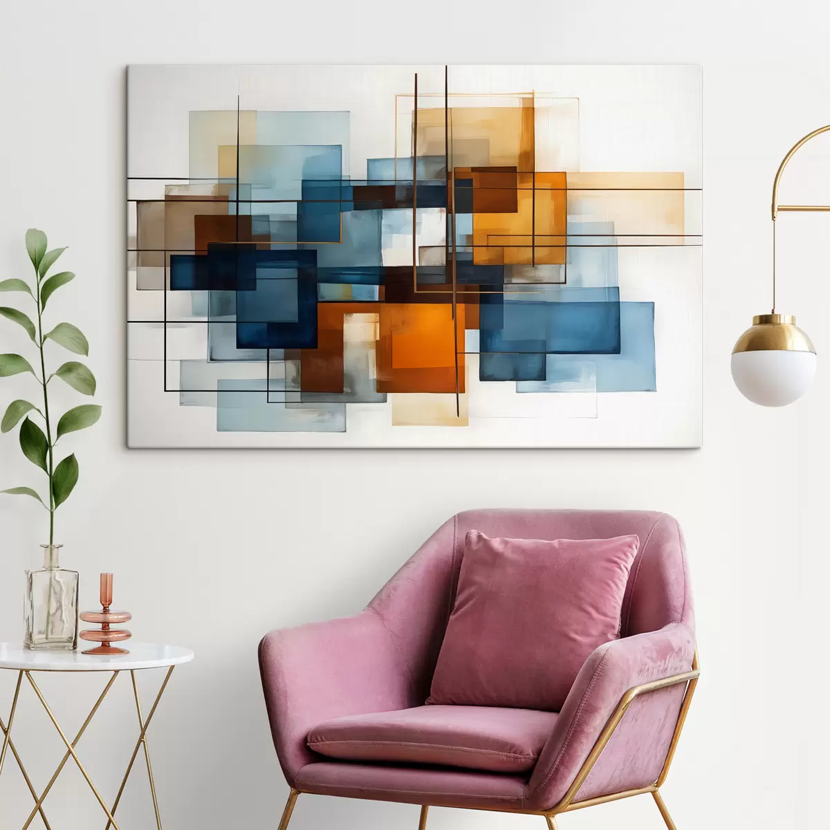  Peintures Formes géométriques abstraites dans des tons de bleu, d'orange et de marron créant une composition minimaliste moderne s40563