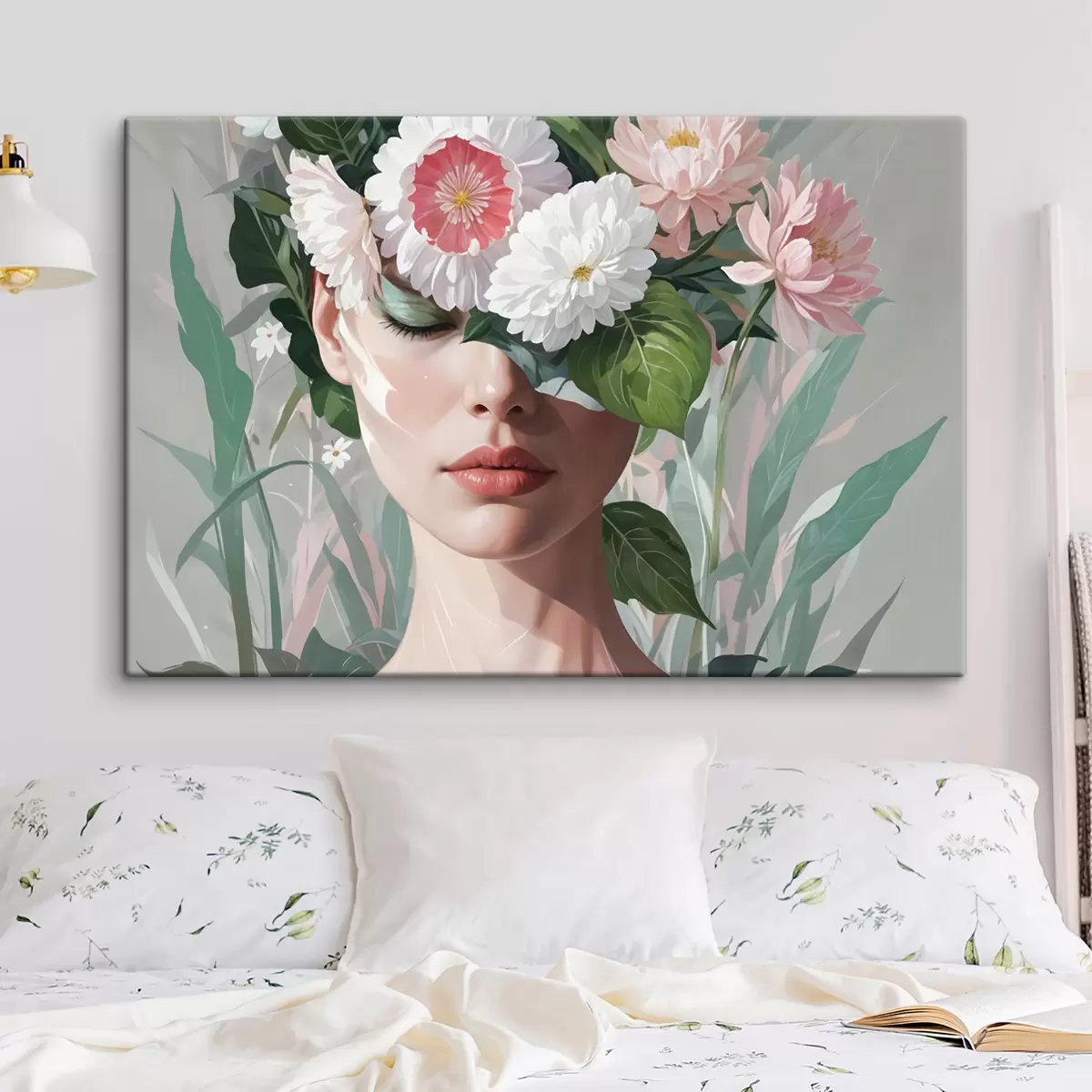  Schilderijen Een vrouw gedeeltelijk verborgen door een boeket grote roze en witte bloemen tegen een groene, bladrijke achtergrond s40567