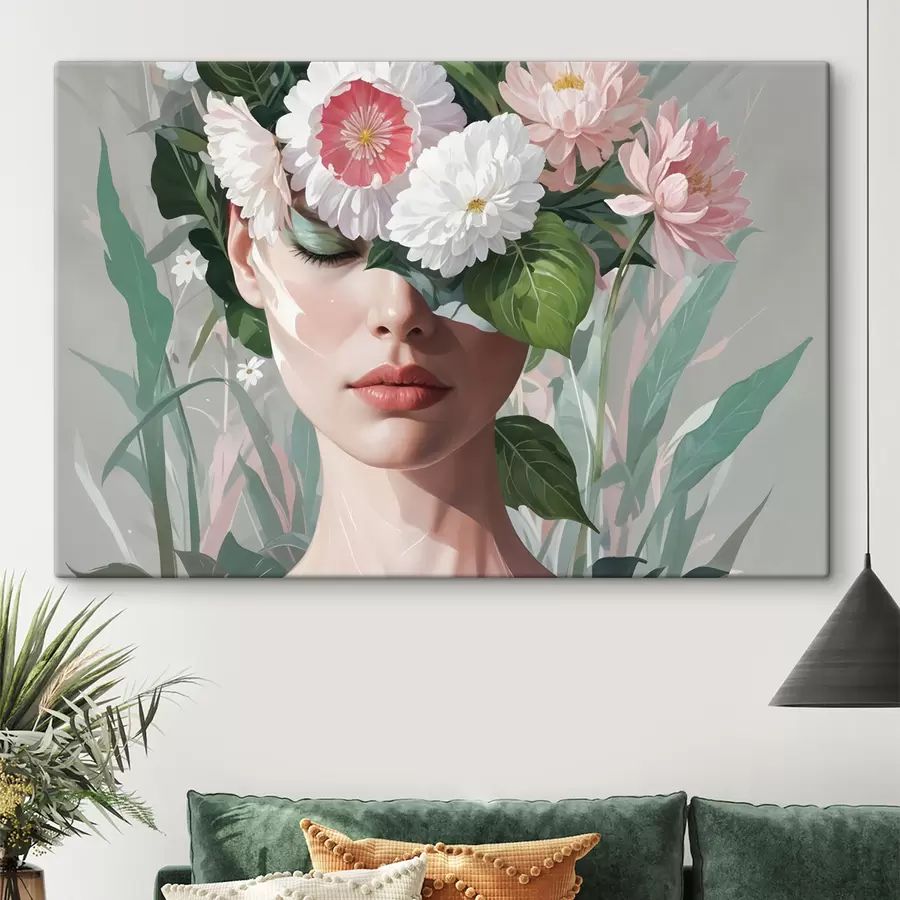  Peintures Une femme partiellement masquée par un bouquet de grandes fleurs roses et blanches sur un fond verdoyant et feuillu s40567
