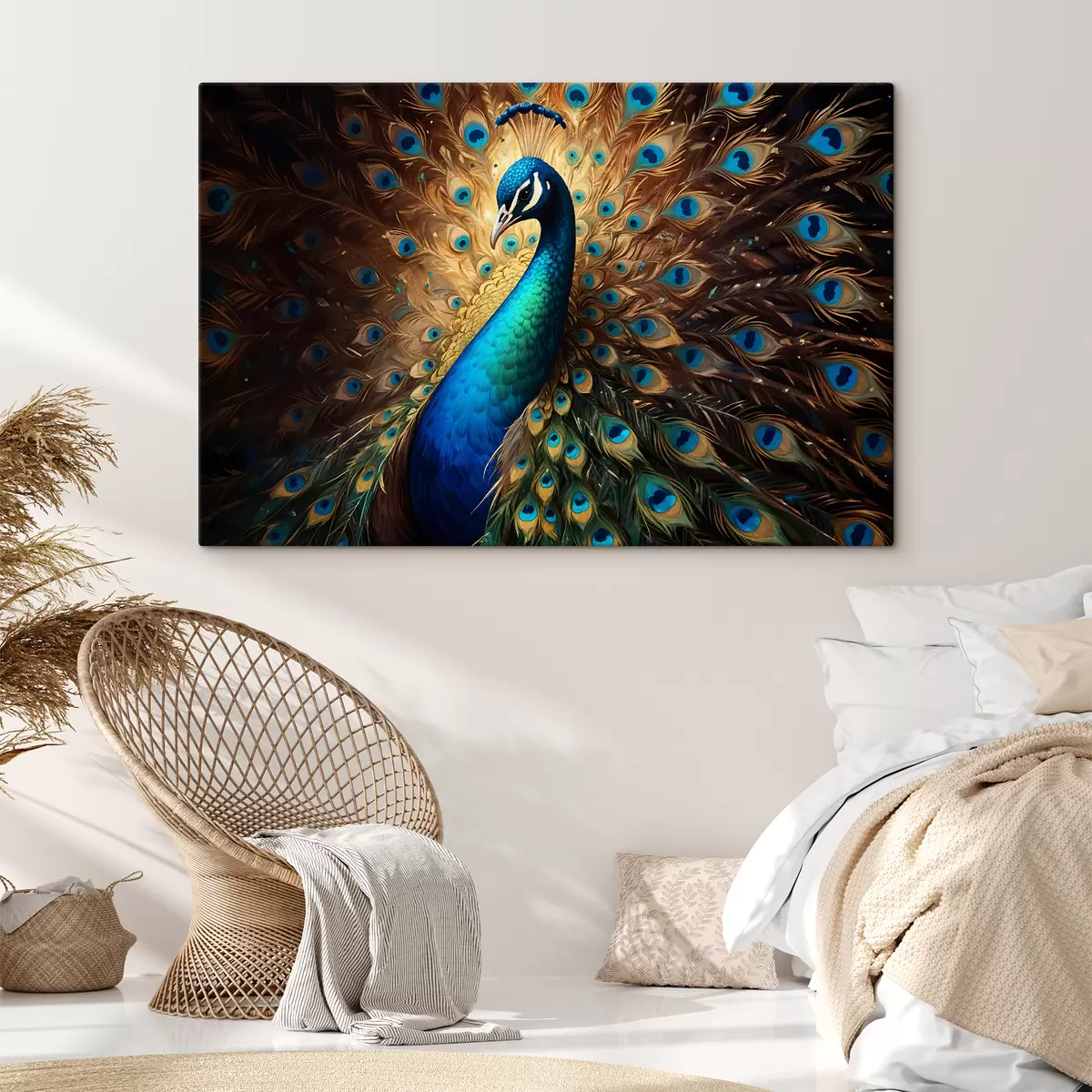  Schilderijen Een levendige pauw met zijn veren volledig tentoongesteld, waarbij zijn prachtige blauwe, groene verenkleed zichtbaar is s40571