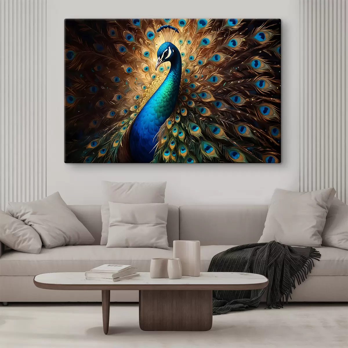  Peintures Un paon vibrant avec ses plumes entièrement déployées, mettant en valeur son superbe plumage bleu, vert s40571