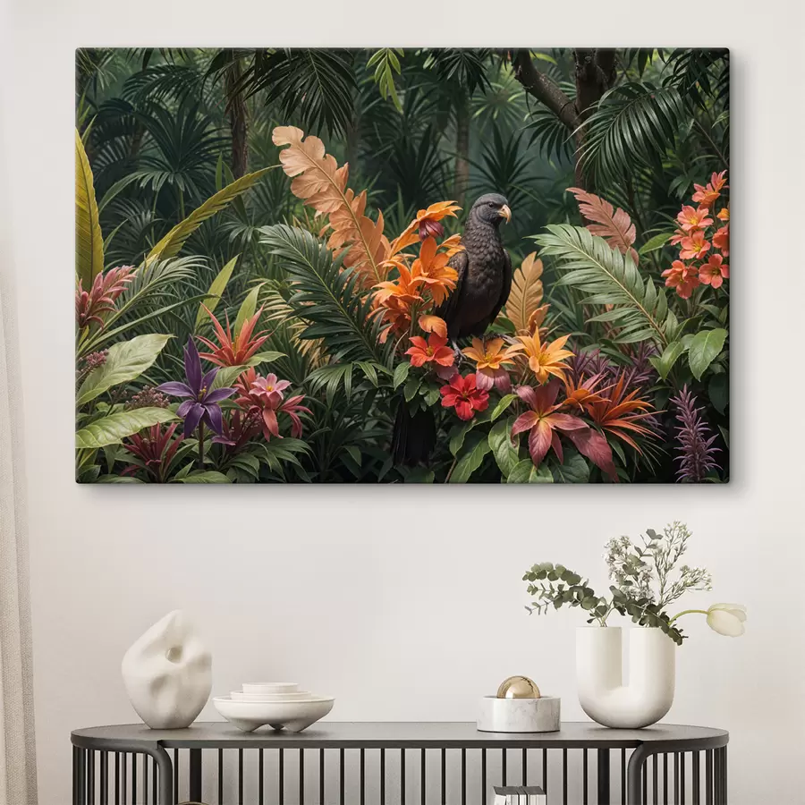  Peintures Oiseau tropical perché sur une branche entouré de feuillage vibrant, de feuilles de palmier, de fleurs et de plantes exotiques s40578