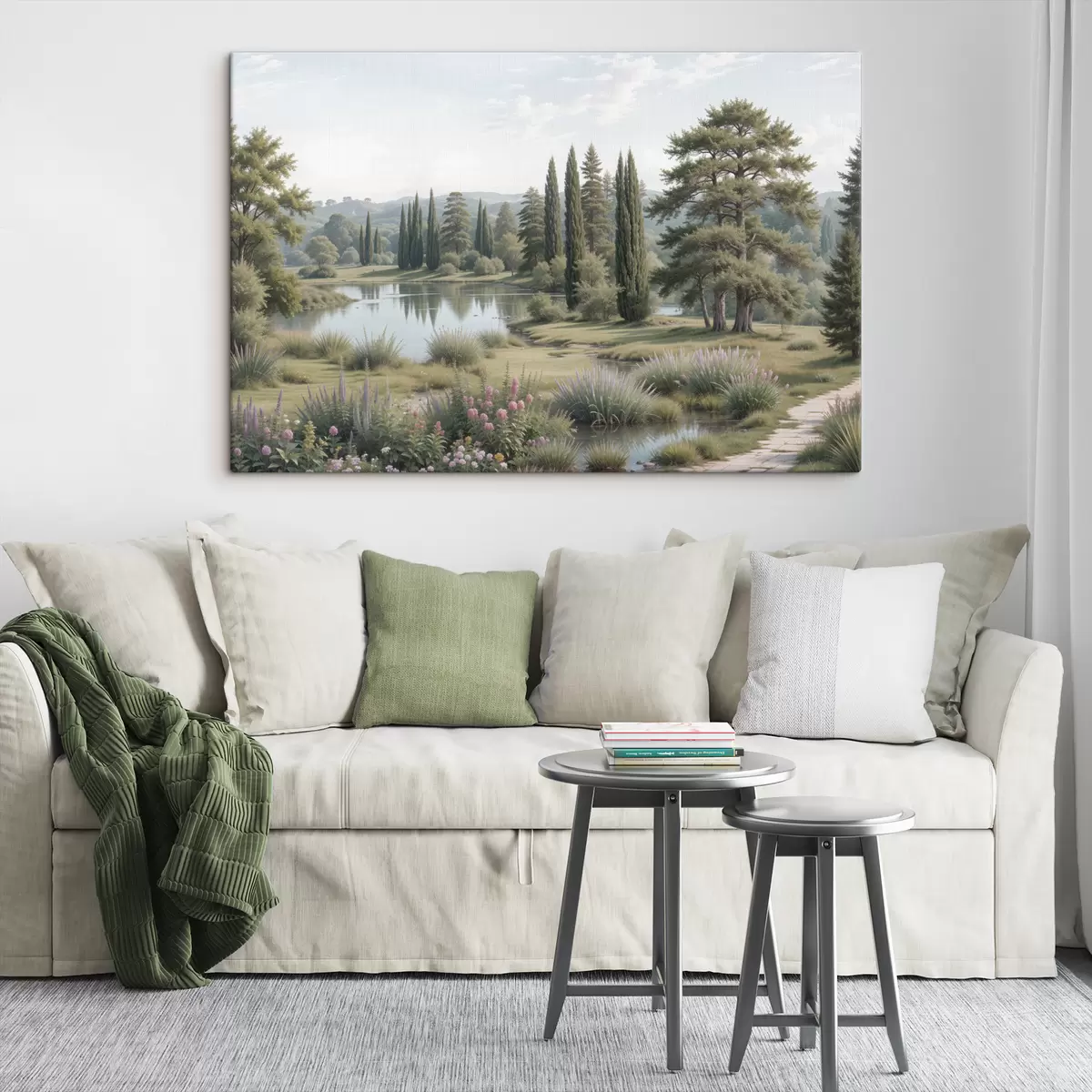  Peintures Un paysage serein avec un lac tranquille entouré de pins, de cyprès et d'autres végétations luxuriantes s40579