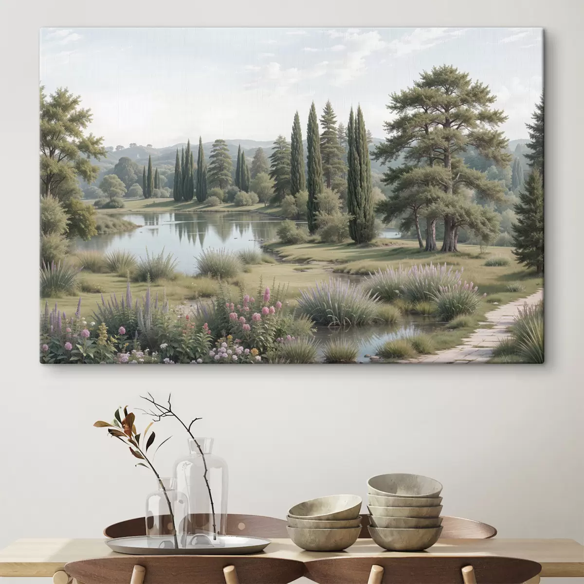  Peintures Un paysage serein avec un lac tranquille entouré de pins, de cyprès et d'autres végétations luxuriantes s40579