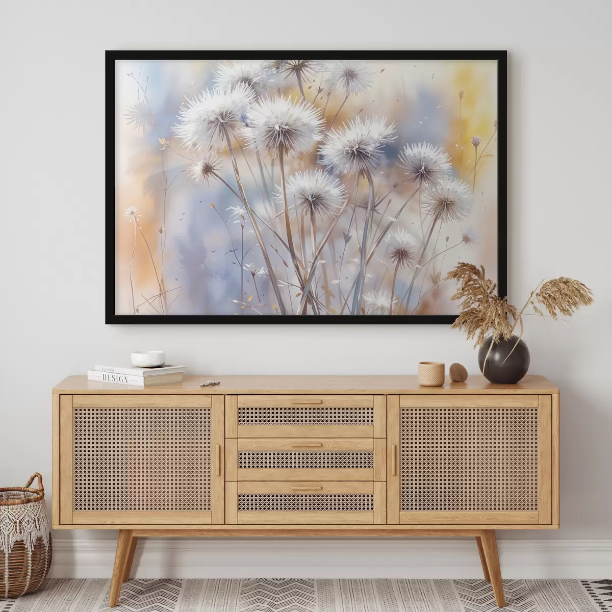 Affiche Fleurs de pissenlit blanches et moelleuses sur un fond aquarelle flou avec un éclairage chaleureux f40541