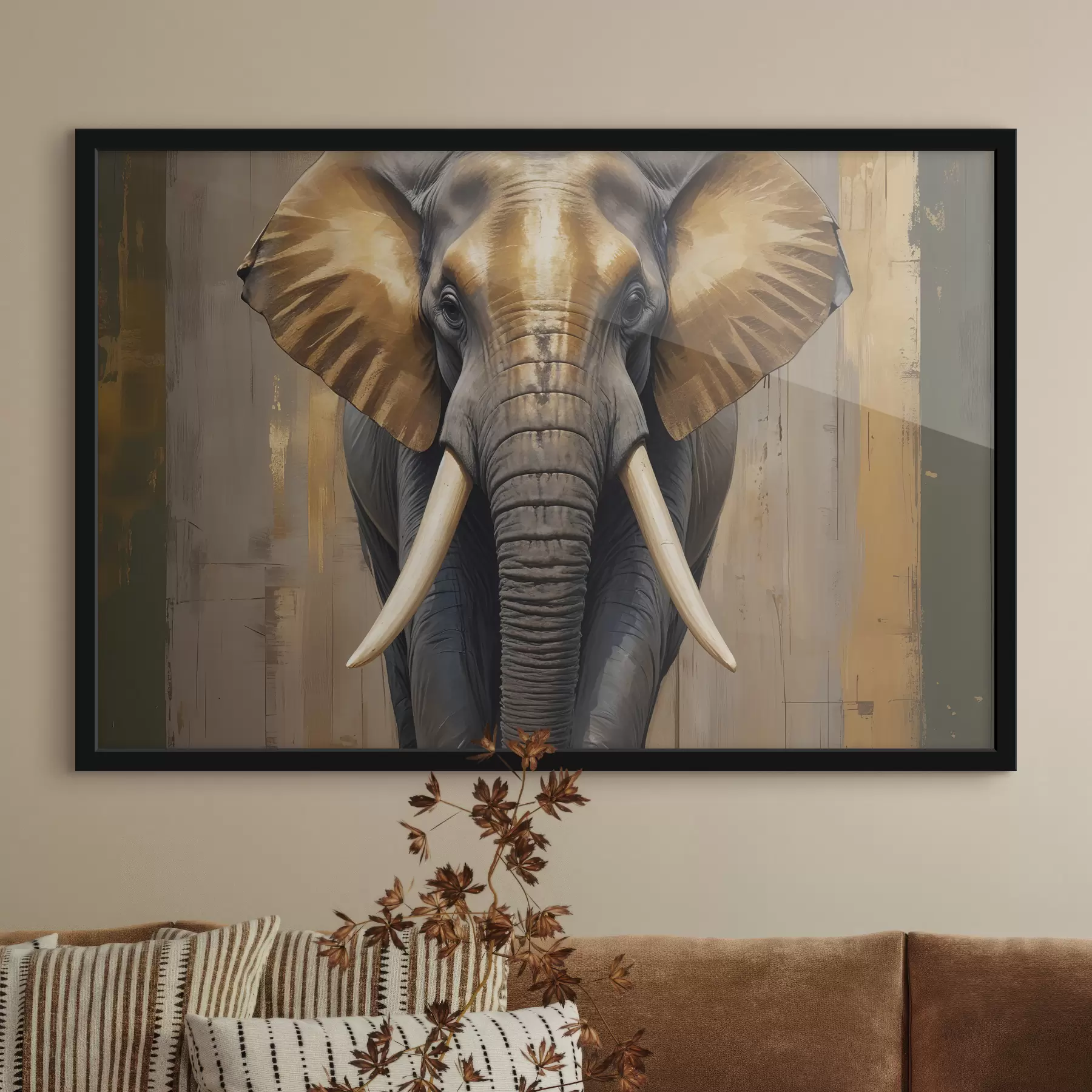 Papier peint photo Une grande peinture texturée d'éléphant africain avec des défenses en ivoire et des oreilles évasées, sur un fond en bois f40544