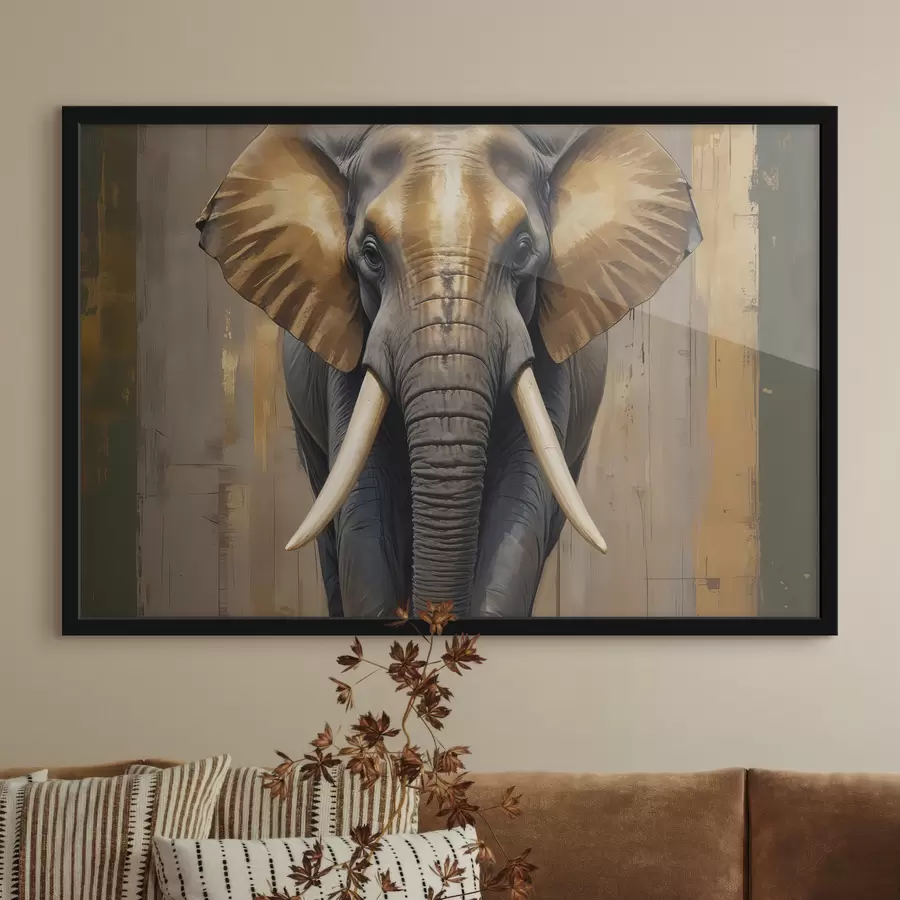 Fotobehang Een groot schilderij van een Afrikaanse olifant met ivoren slagtanden en uitgespreide oren, tegen een houten achtergrond f40544