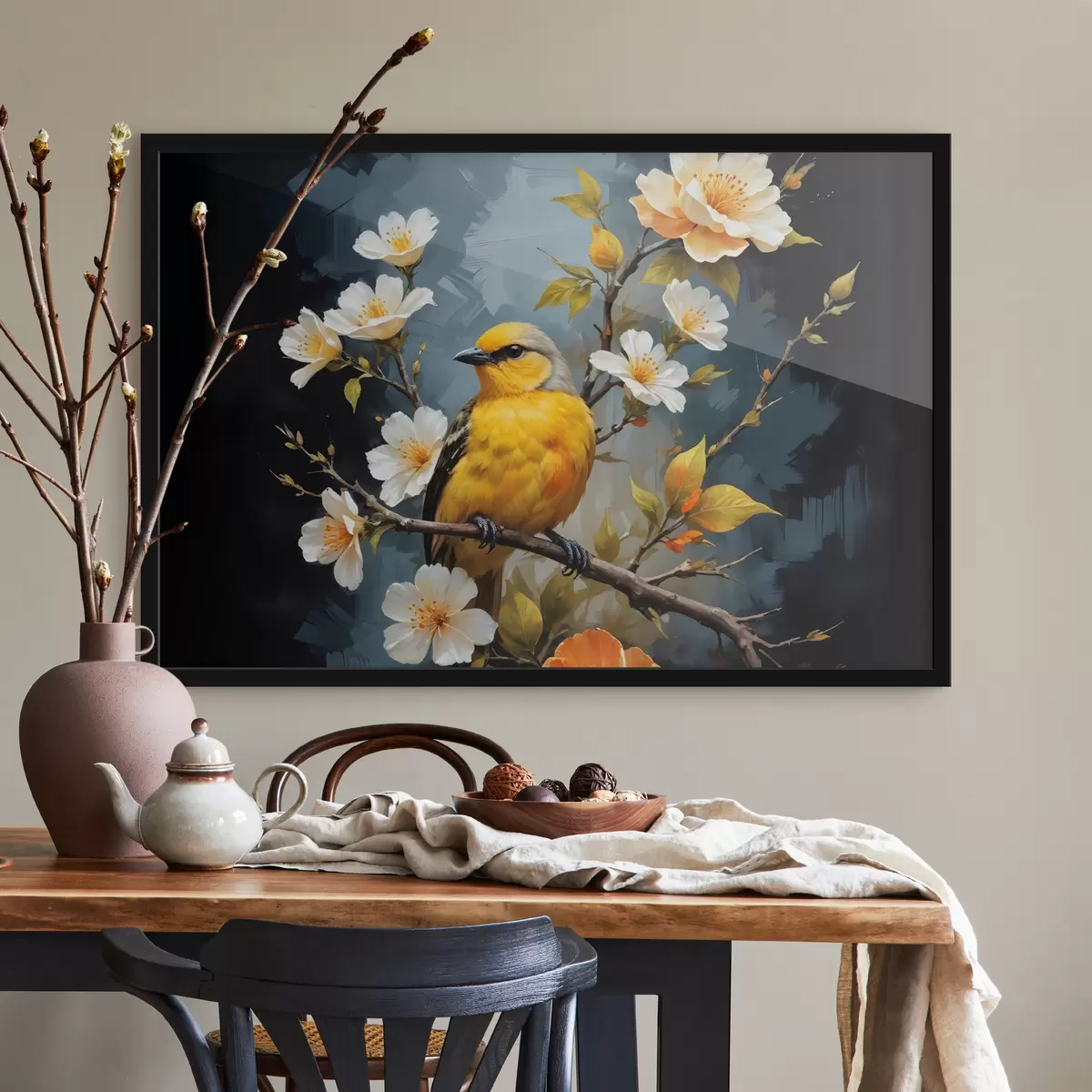 Poster Een gele vogel zit op een tak met witte en oranje bloemen op de achtergrond f40550
