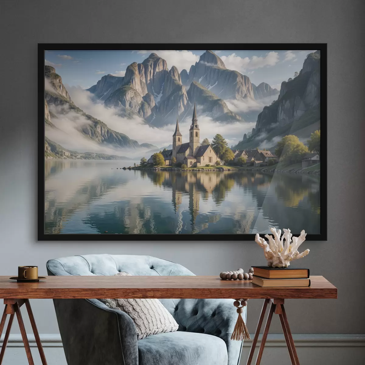 Poster Een pittoresk bergdorpje gelegen aan een rustig meer, met torenhoge met sneeuw bedekte bergen f40554