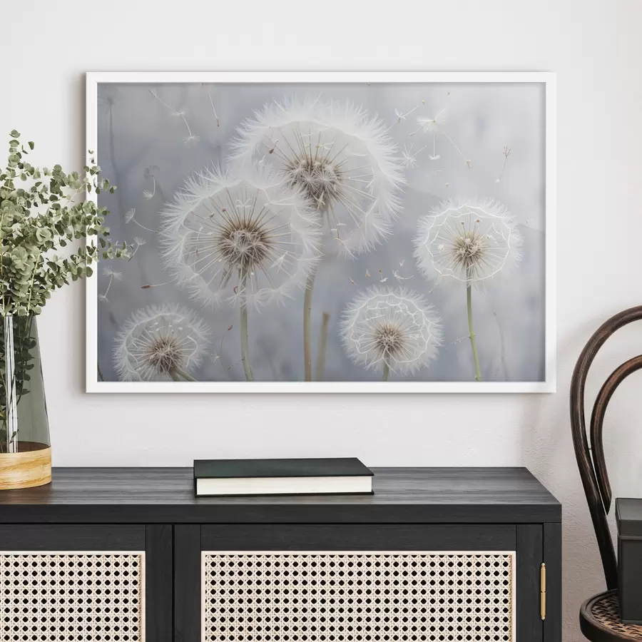 Papier peint photo Fleurs de pissenlit blanches avec des graines duveteuses sur un fond gris flou f40556